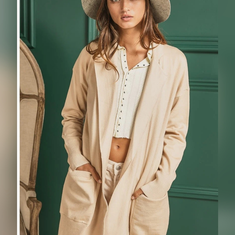 Bibi XL Knit Open Front Collared Cream Cardigan Jacket EUC